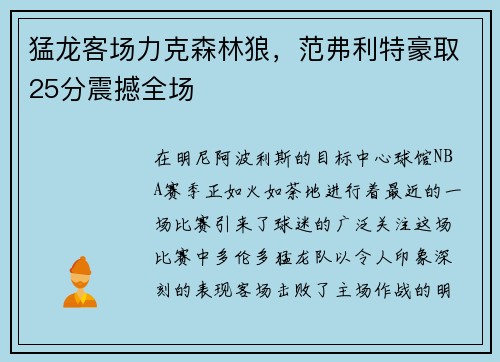 猛龙客场力克森林狼，范弗利特豪取25分震撼全场